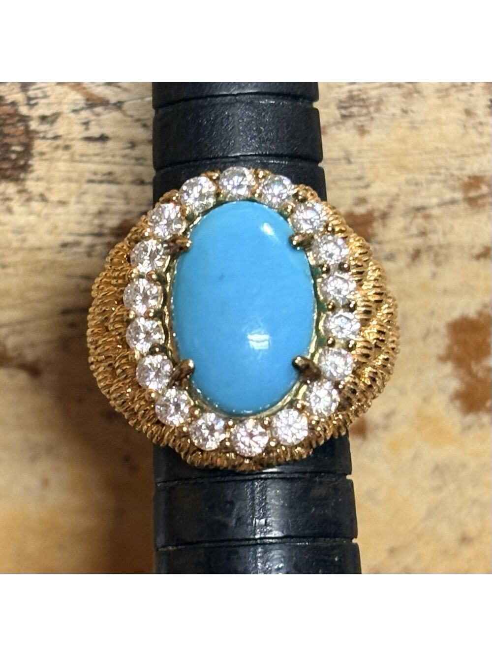 Whitney Kelly Turquoise, CZ's & Gold Plated Woven Ring Sz 5 Vint. Cocktail Style
